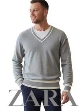 Zara Light Grey/Cream Contrast V-Neck Fine Knit Sweater (M)